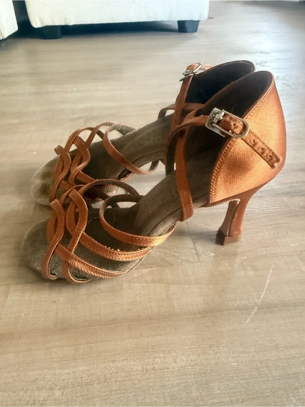 Strappy Metallic Copper Latin Dance Heels with Ankle Strap